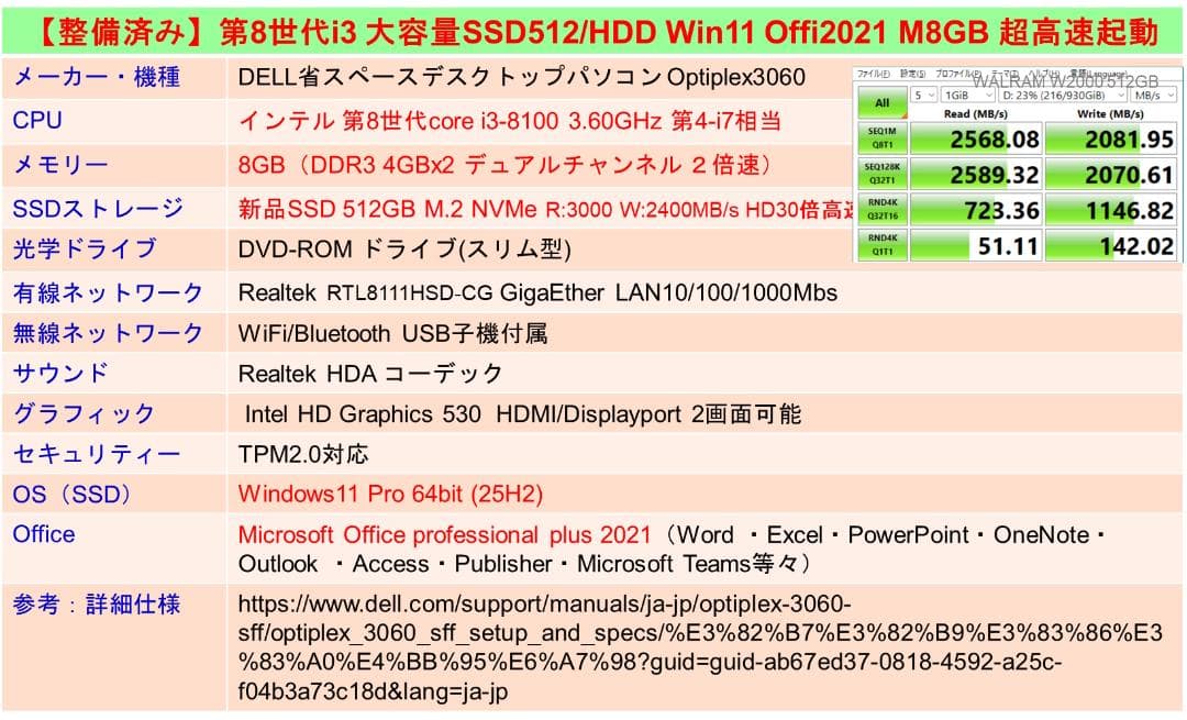 驚速【整備済み】第8i3 M.2SSD512G M8G Win11Off2021
