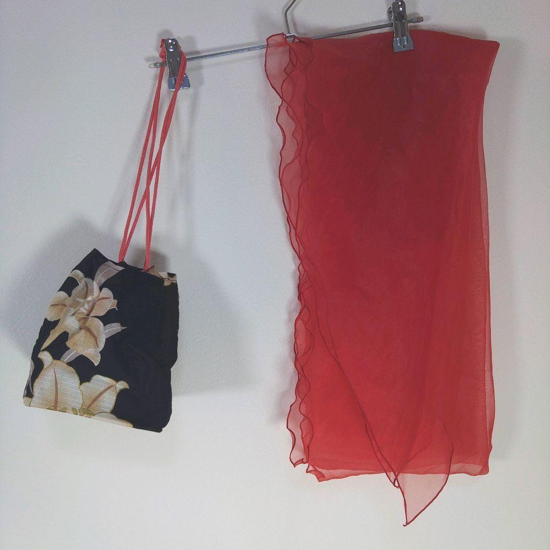 レディース　浴衣　セット　身丈164cm　ストライプ　花柄　作り帯　赤黄　兵児帯