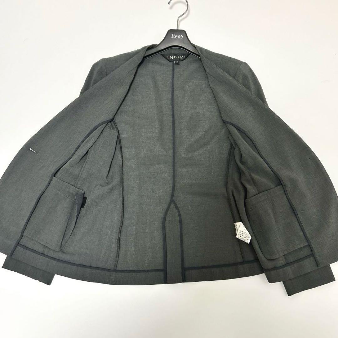 大きいサイズ◆美品◆インディヴィ　ノーカラージャケット　テーパードパンツ　42