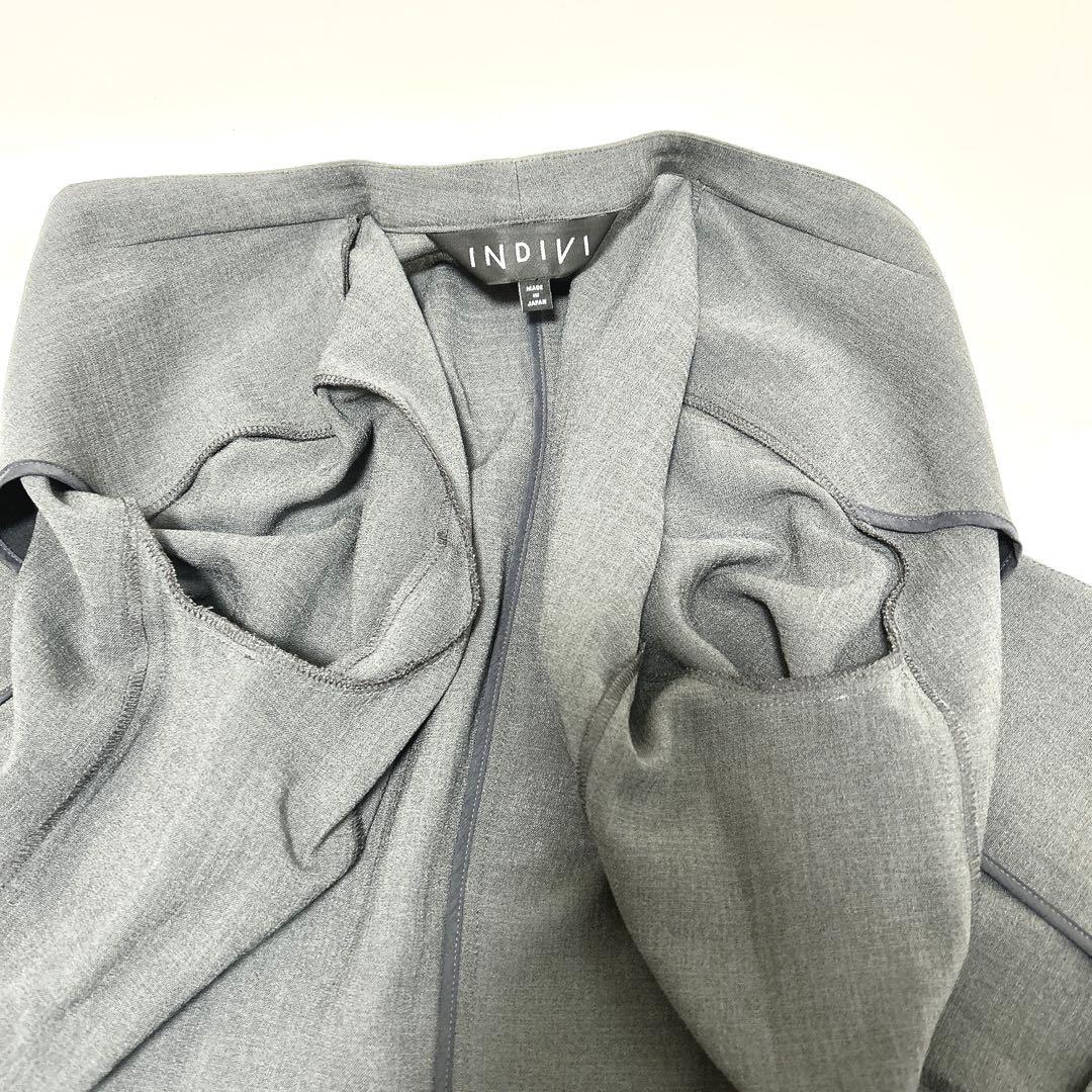 大きいサイズ◆美品◆インディヴィ　ノーカラージャケット　テーパードパンツ　42