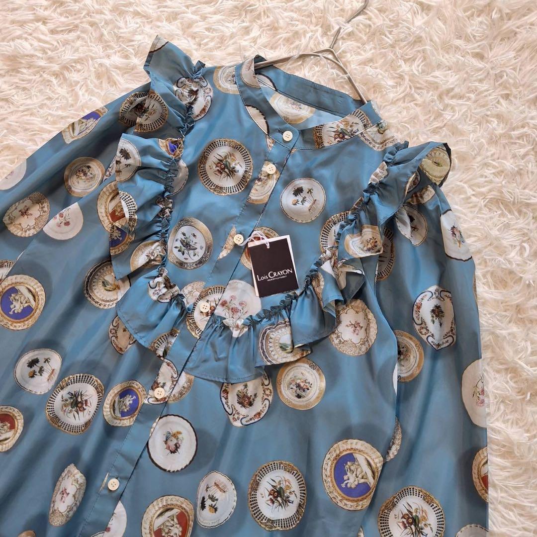 新品タグ付✨希少 ロイスクレヨン ロイヤルプレートブラウス フリル 総柄 M