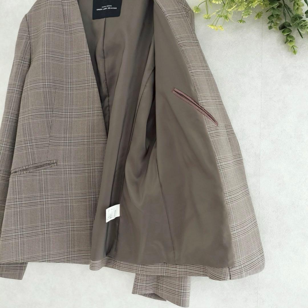 グリーンレーベルリラクシング　チェック　ノーカラー　セットアップ　ブラウン　40
