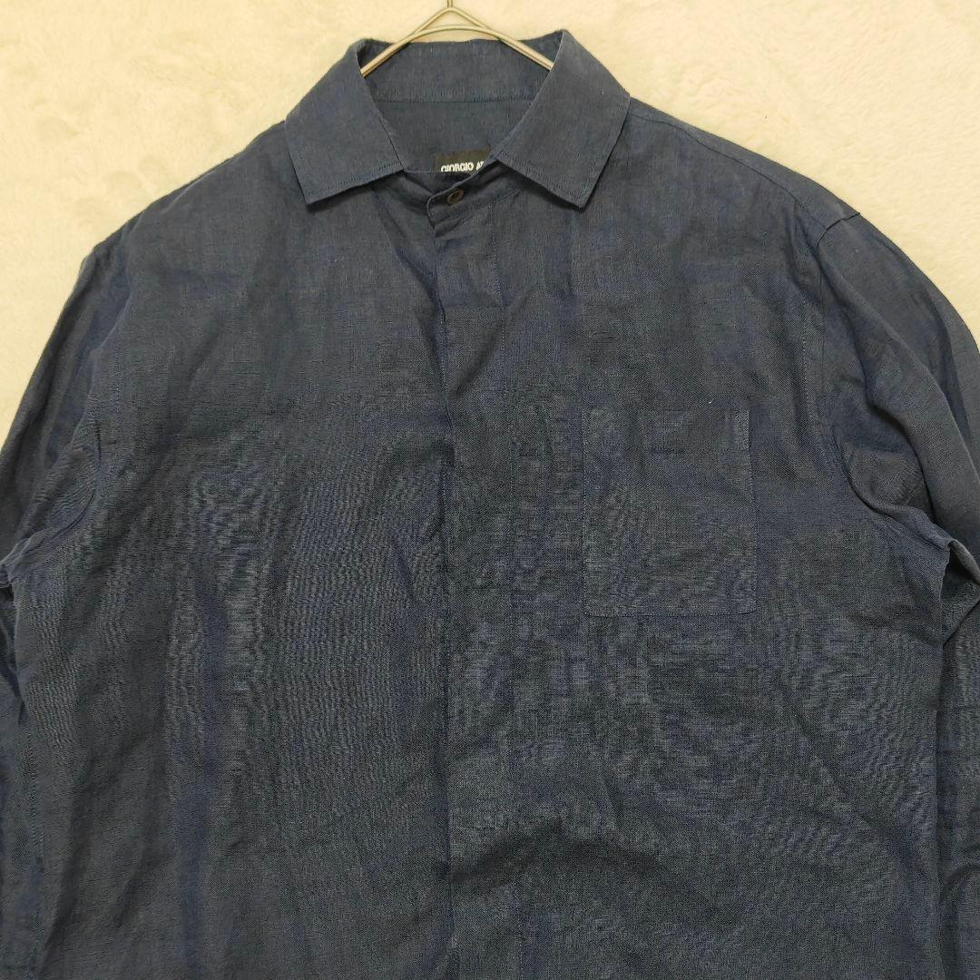 良品✨ ジョルジオアルマーニ リネン長袖シャツ　比翼・貝殻ボタン　ネイビー　40