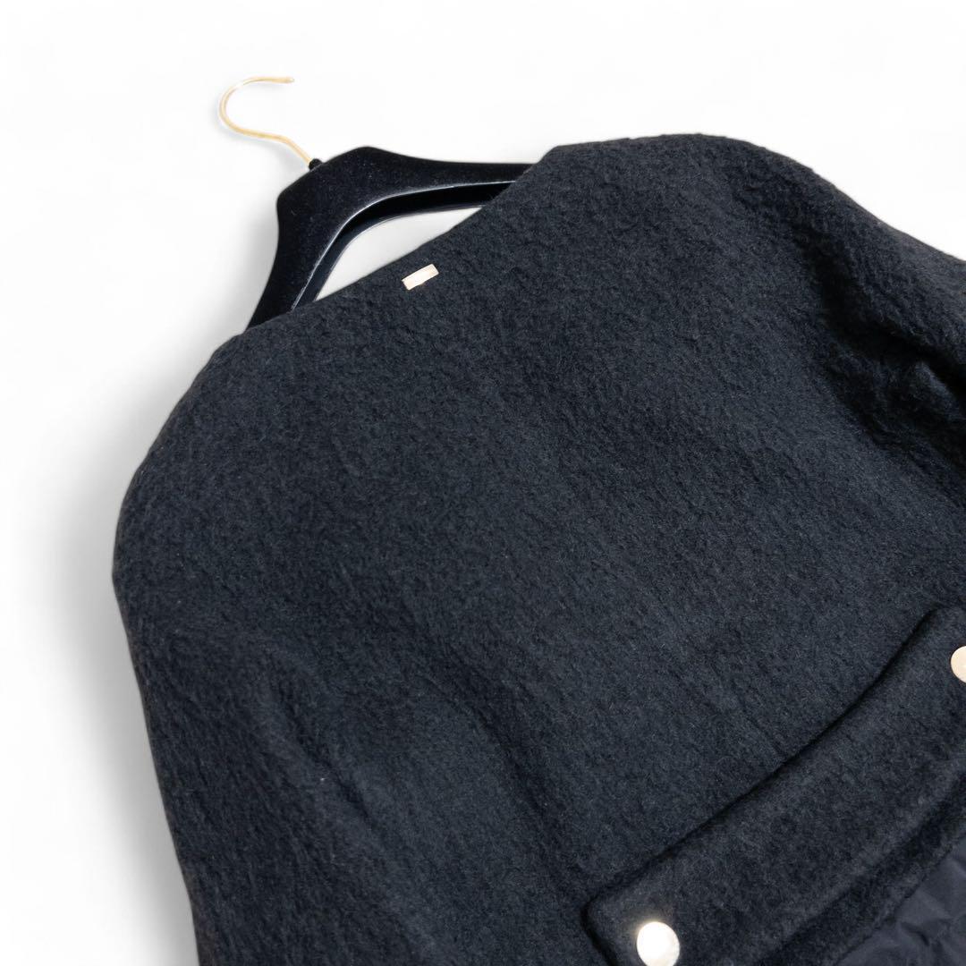 HERNO ノーカラーダウンコートモヘヤ シャギー 異素材 黒 40