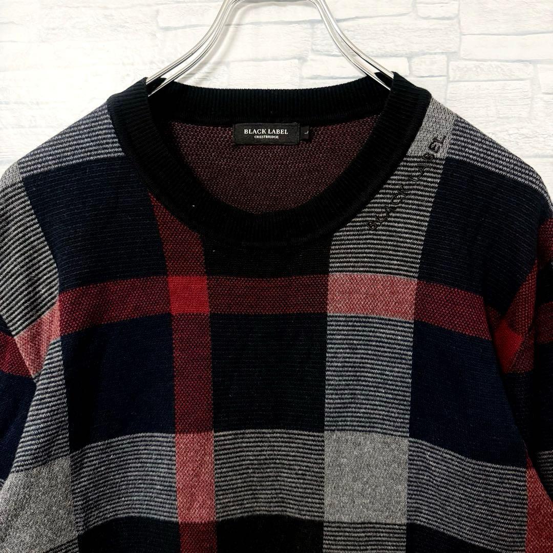 【美品】ブラックレーベルクレストブリッジ チェック ニットセーター 刺繍ロゴ L