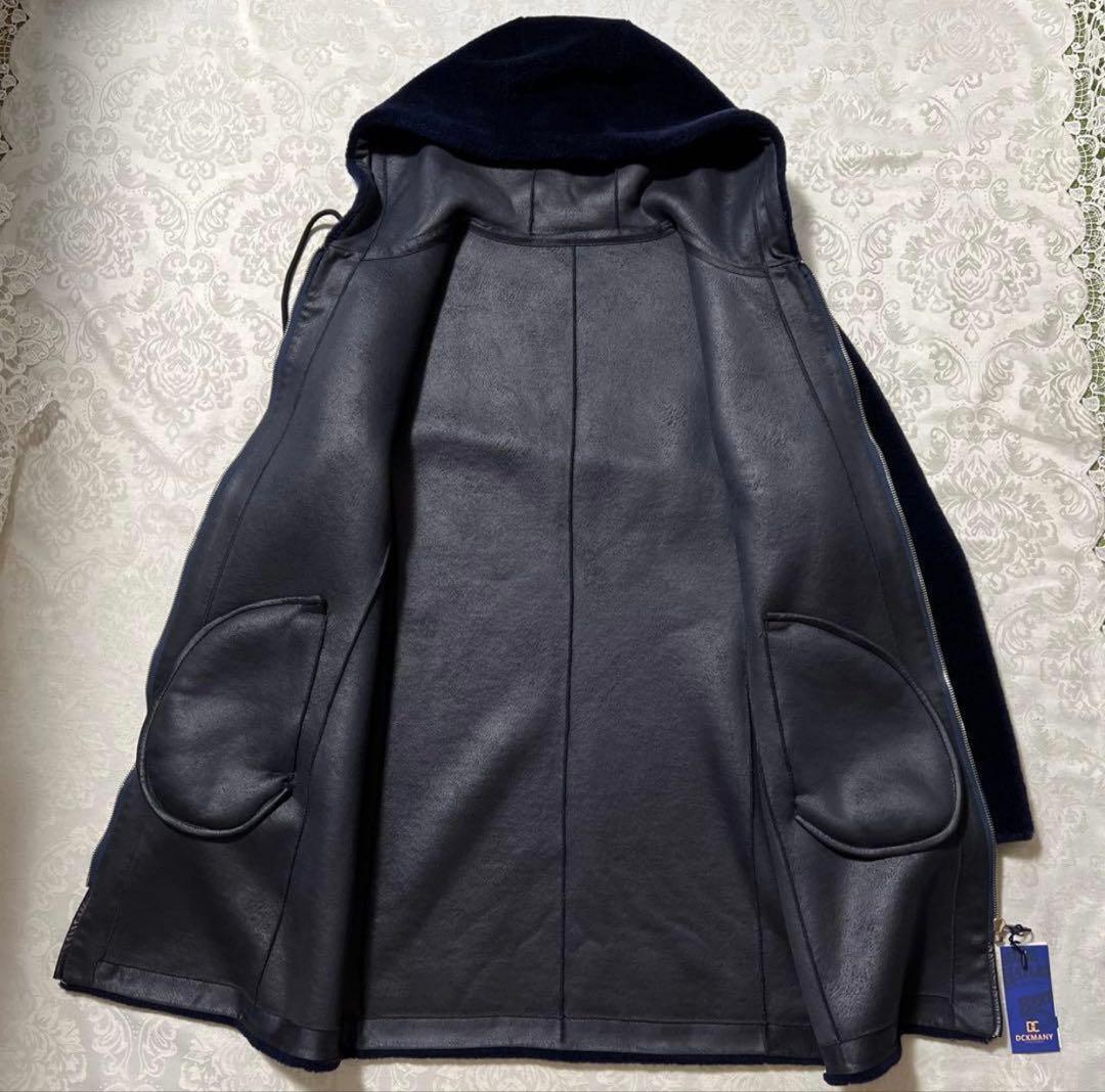 本革 リアル ムートン EU 羊毛 コート フード レザー 濃紺 L 高級 細身