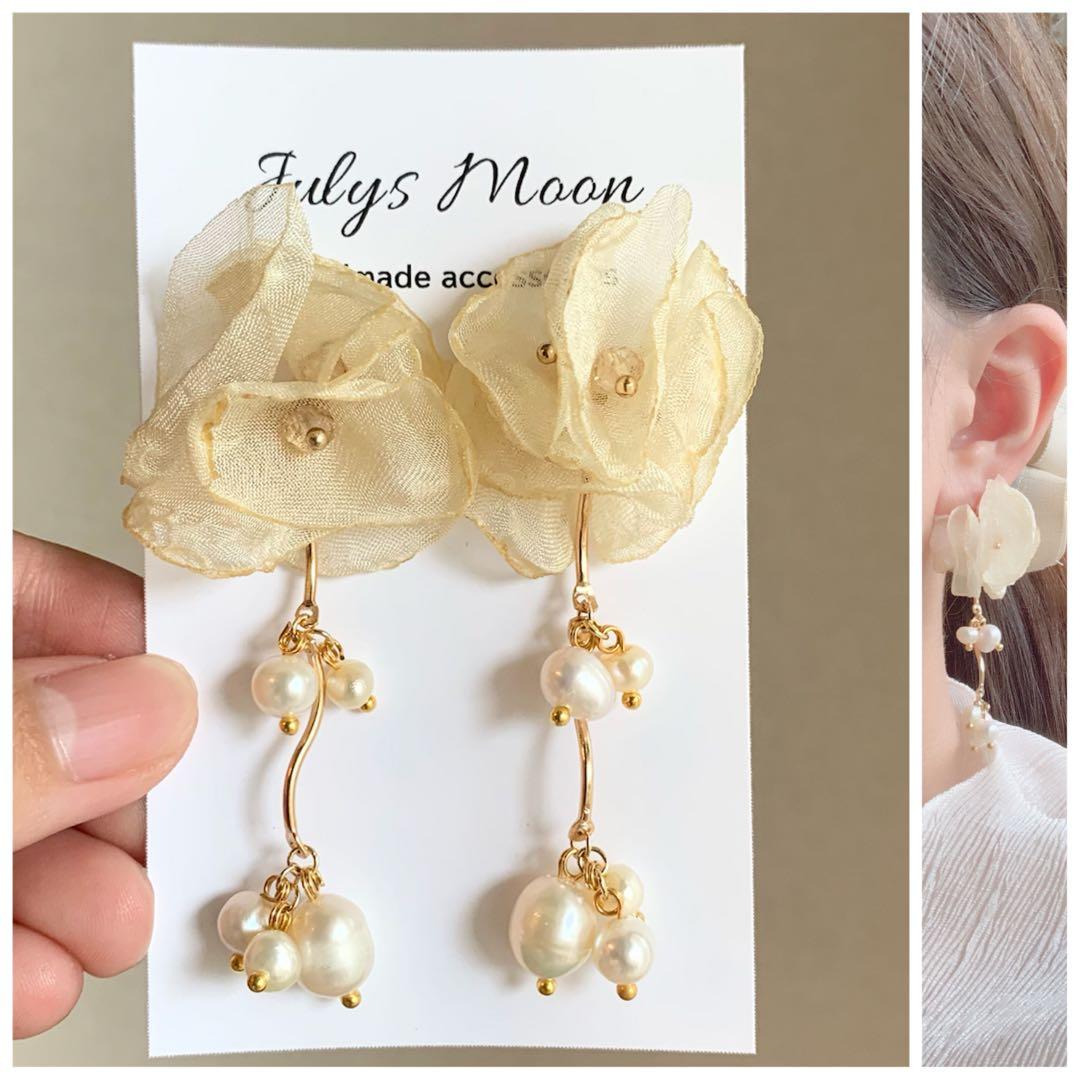 6974アンティークピアスイヤリングゴールド大ぶりフラワーシフォン淡水パールお花