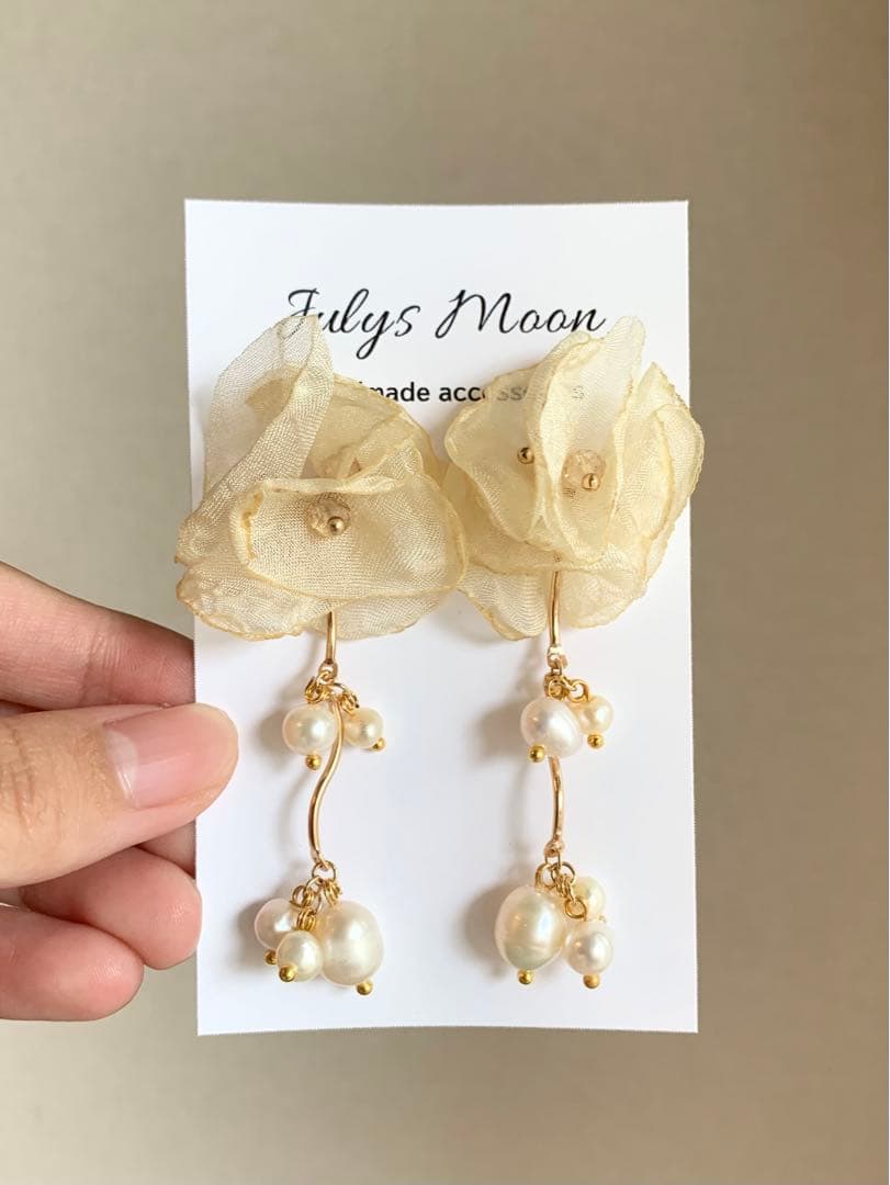6974アンティークピアスイヤリングゴールド大ぶりフラワーシフォン淡水パールお花