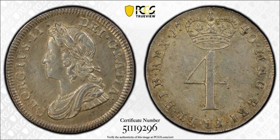 PCGS AU58 イギリス 4ペンス 銀貨 1740年