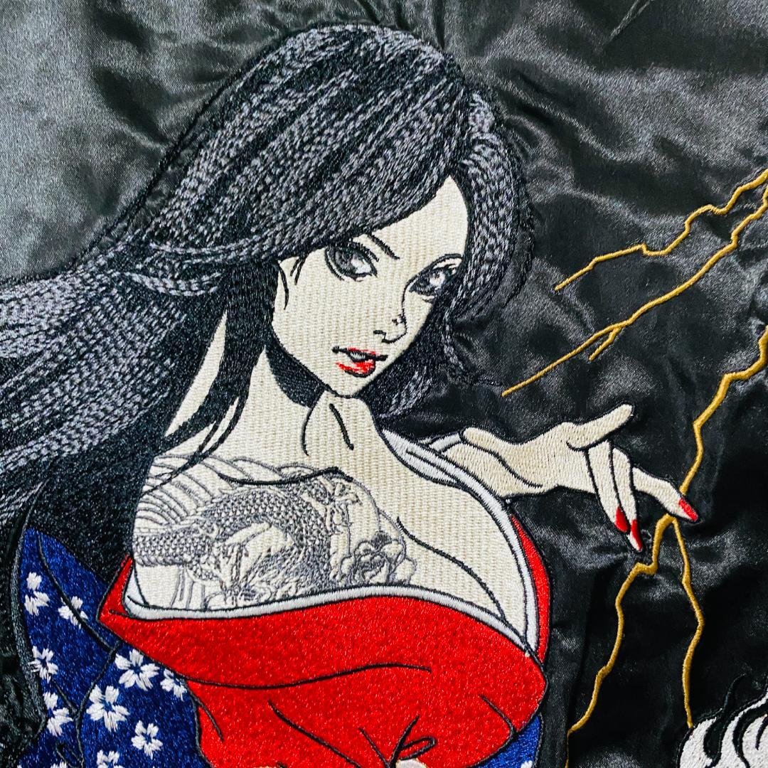 美品/希少✨抜刀娘　スカジャン　リバーシブル　刺繍　黒　和柄　2XL