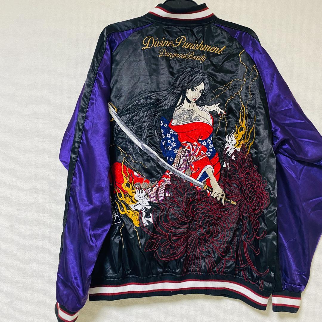 美品/希少✨抜刀娘　スカジャン　リバーシブル　刺繍　黒　和柄　2XL