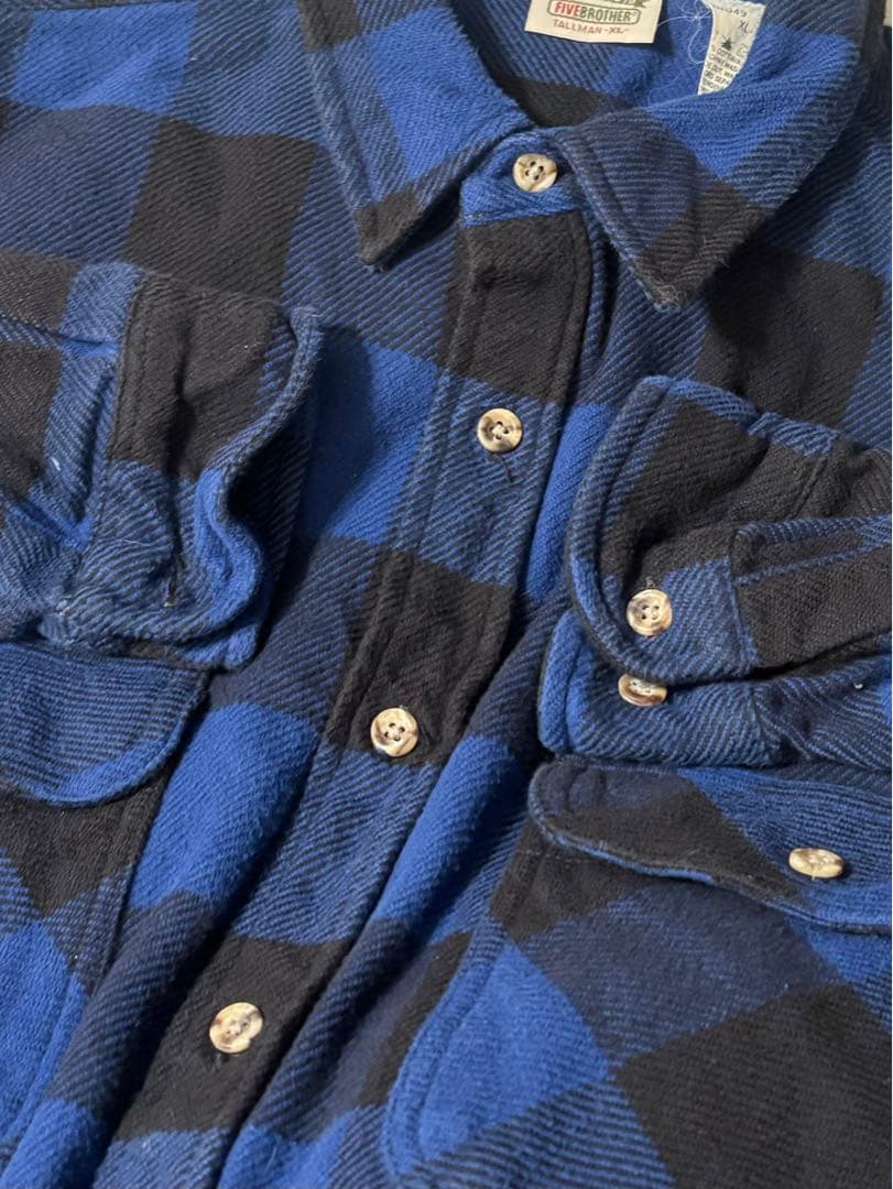 【人気】90s FIVE BROTHER ネルシャツ 青×黒