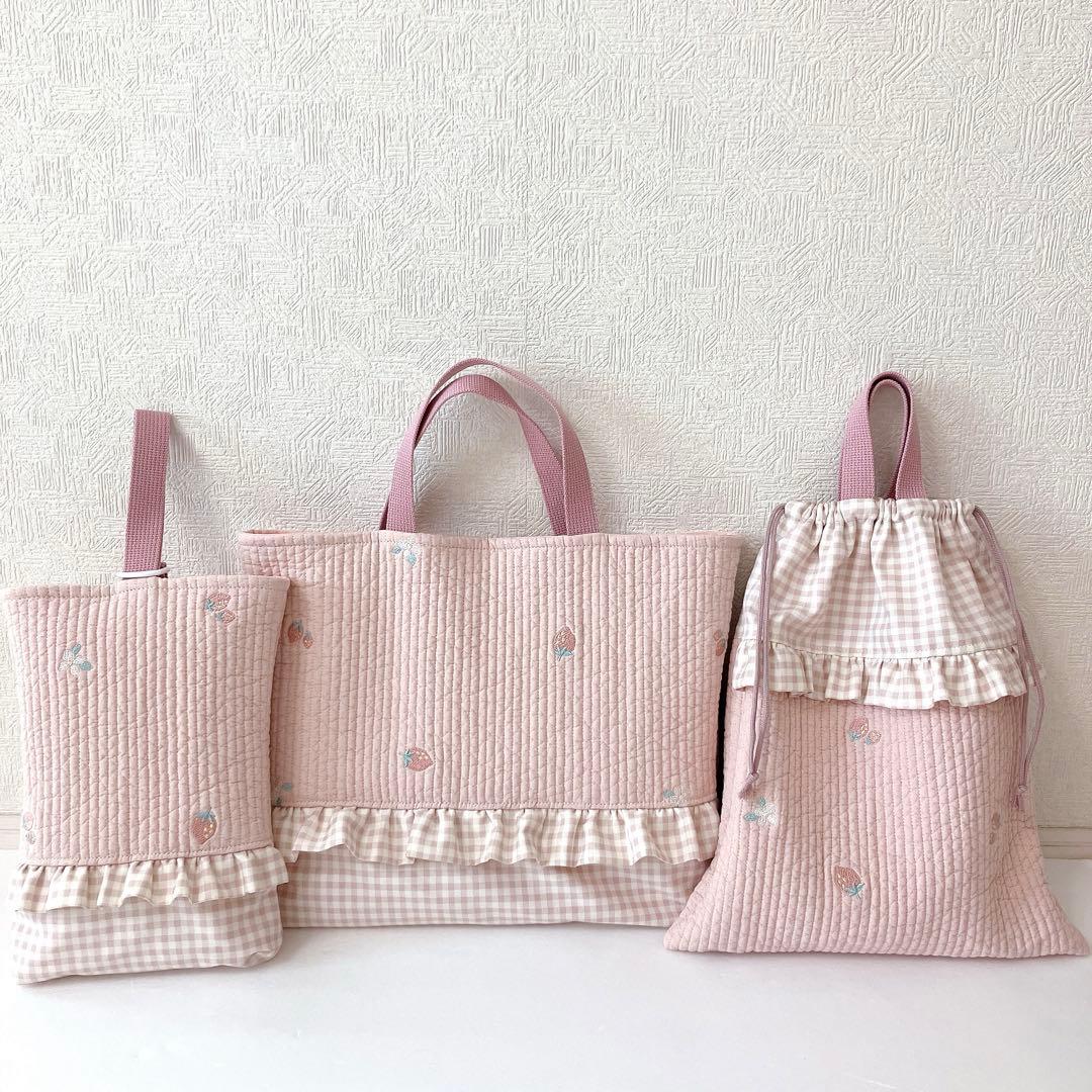 レッスンバッグ 上履き入れ　体操服袋　ヌビ　いちご刺繍