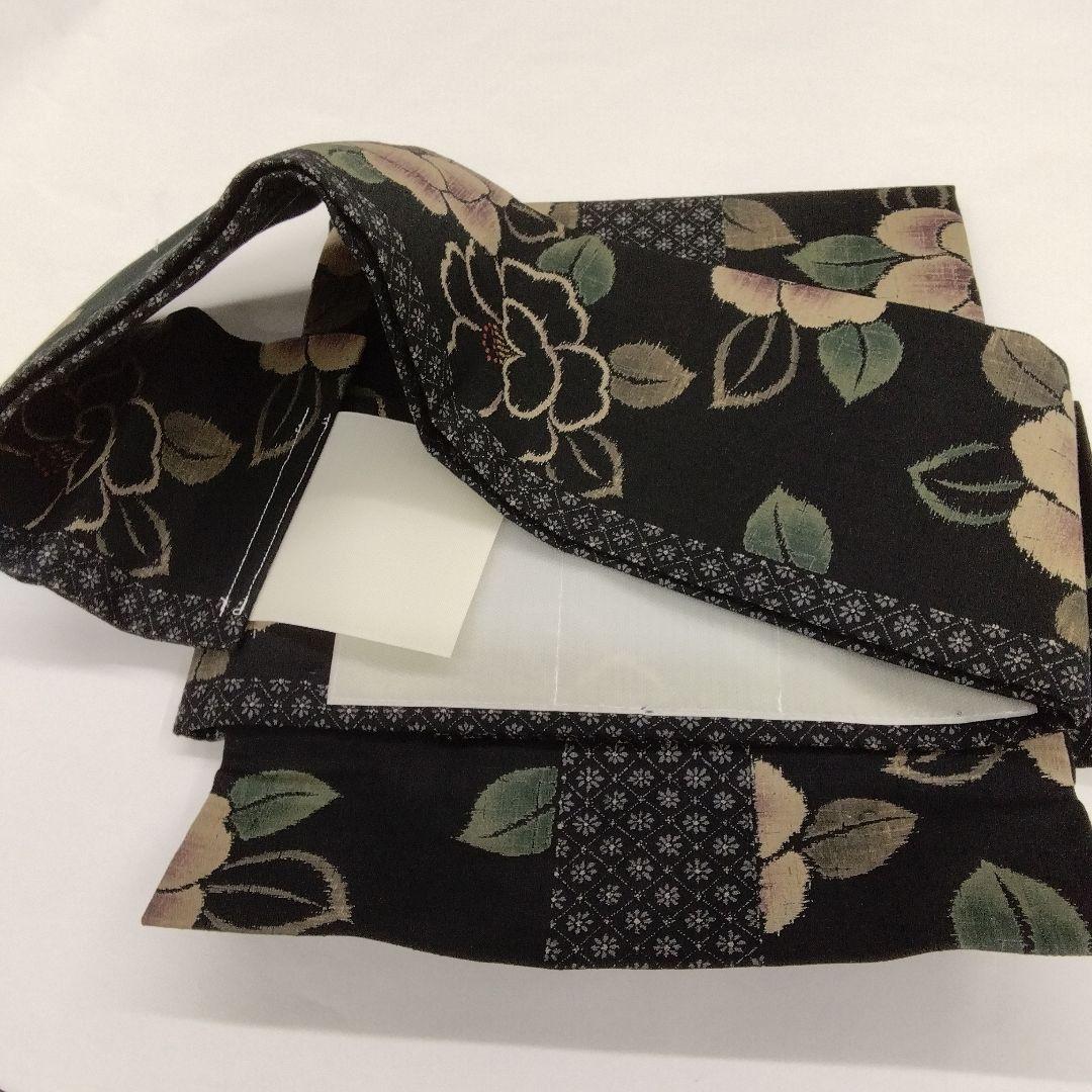 軽装帯 つけ帯 作り帯 ワンタッチ帯 椿　紬　黒　名古屋帯　正絹　#867