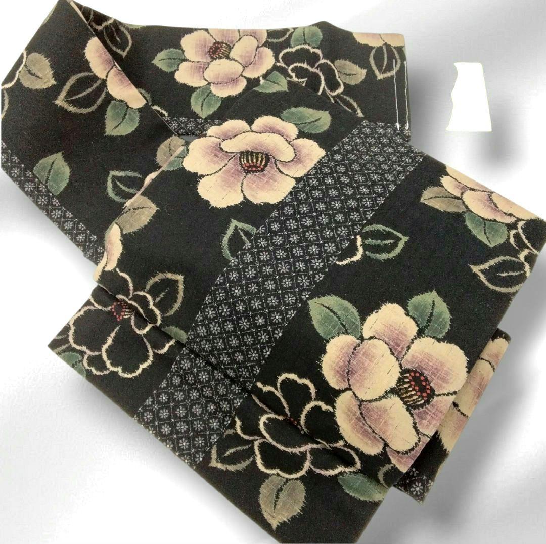 軽装帯 つけ帯 作り帯 ワンタッチ帯 椿　紬　黒　名古屋帯　正絹　#867