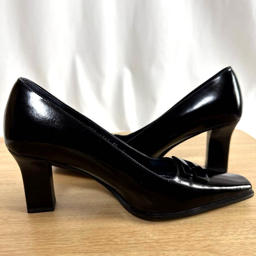【美品】GUCCI グッチ　パンプス　Gロゴ　エナメル　スクエア　ブラック