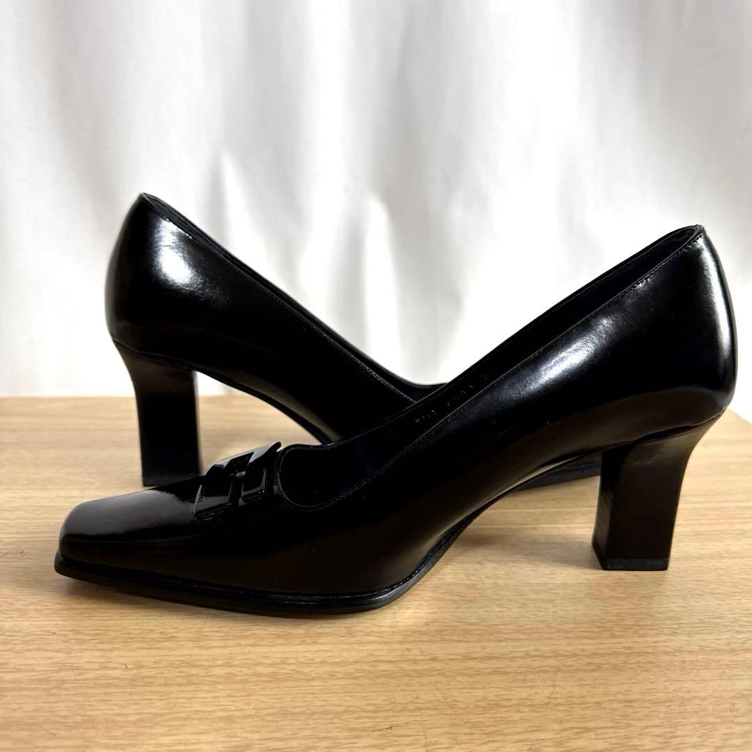 【美品】GUCCI グッチ　パンプス　Gロゴ　エナメル　スクエア　ブラック