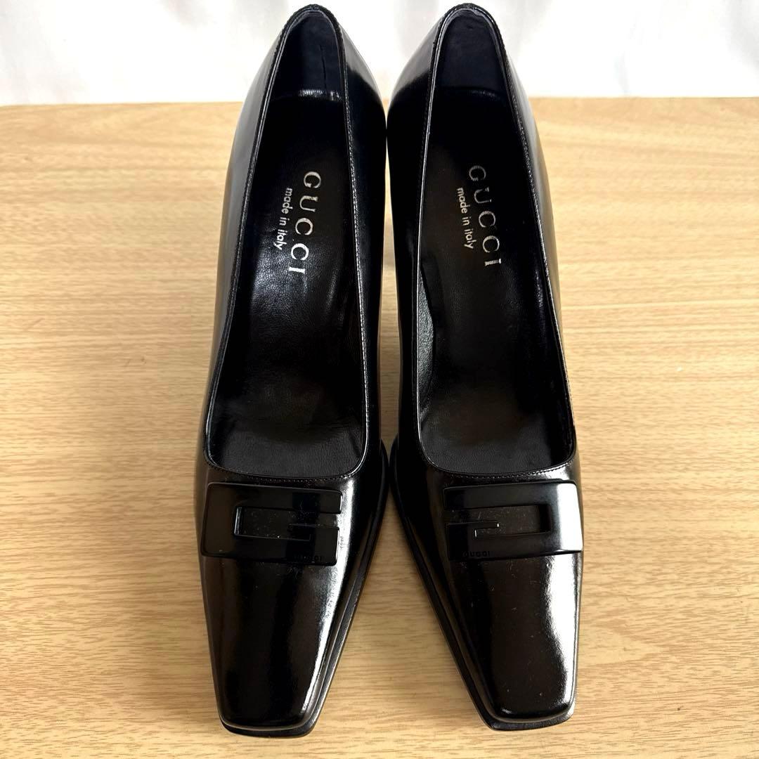 【美品】GUCCI グッチ　パンプス　Gロゴ　エナメル　スクエア　ブラック