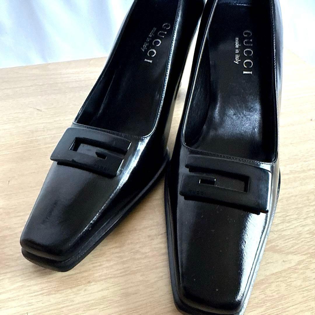 【美品】GUCCI グッチ　パンプス　Gロゴ　エナメル　スクエア　ブラック
