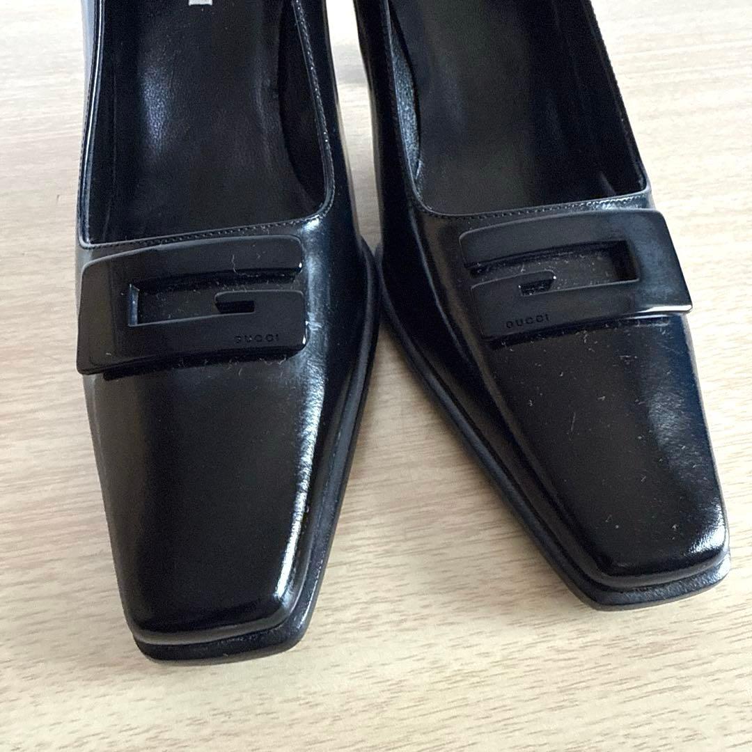 【美品】GUCCI グッチ　パンプス　Gロゴ　エナメル　スクエア　ブラック