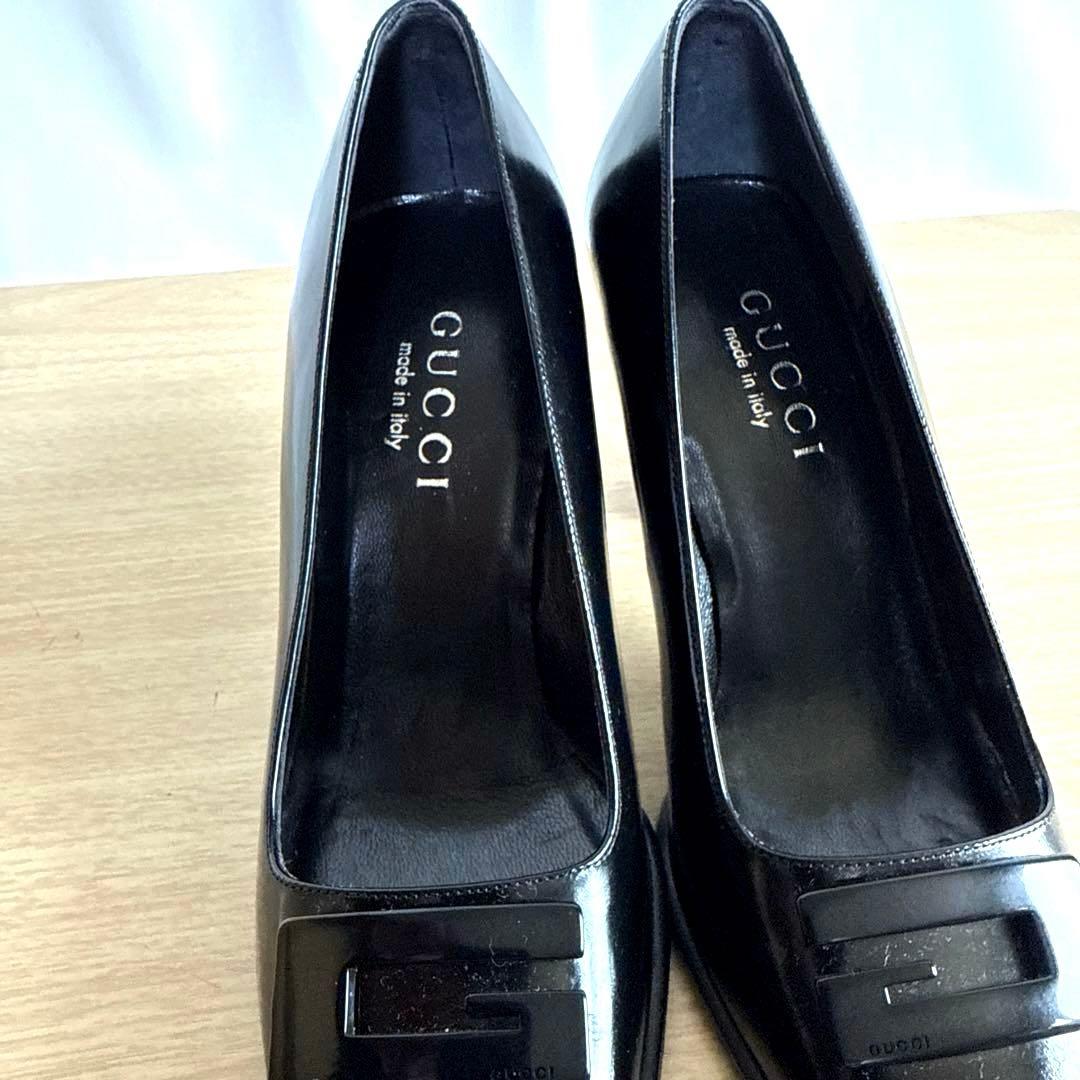 【美品】GUCCI グッチ　パンプス　Gロゴ　エナメル　スクエア　ブラック