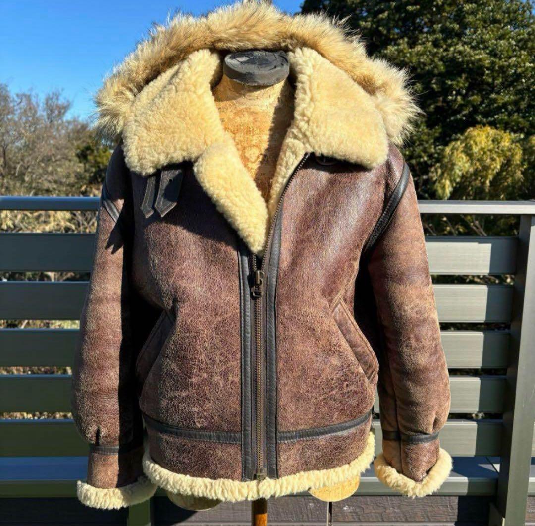 M 希少 フード付 茶 B-3 ムートン レザー フライト ジャケット 革ジャン