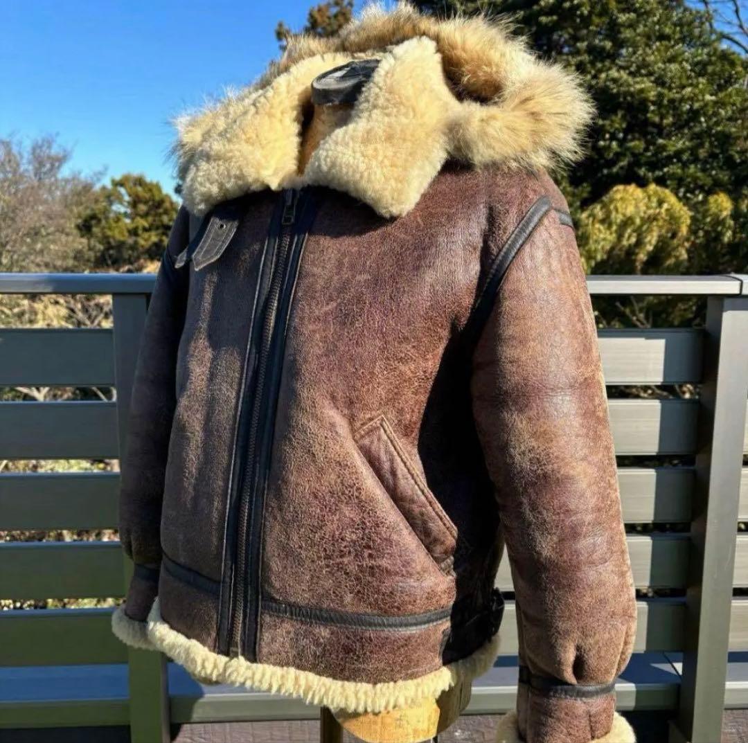 M 希少 フード付 茶 B-3 ムートン レザー フライト ジャケット 革ジャン