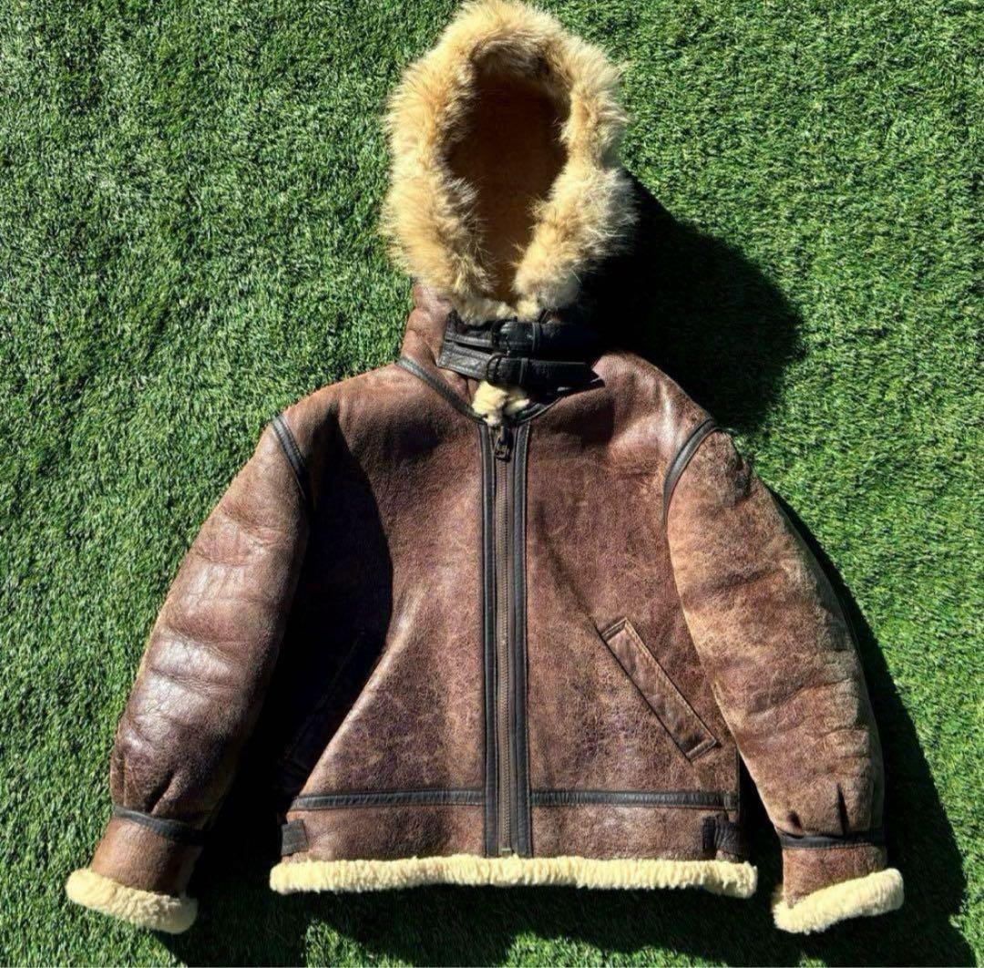 M 希少 フード付 茶 B-3 ムートン レザー フライト ジャケット 革ジャン