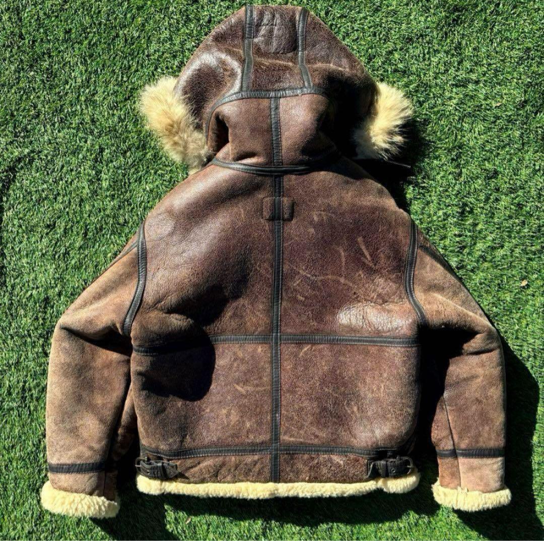 M 希少 フード付 茶 B-3 ムートン レザー フライト ジャケット 革ジャン
