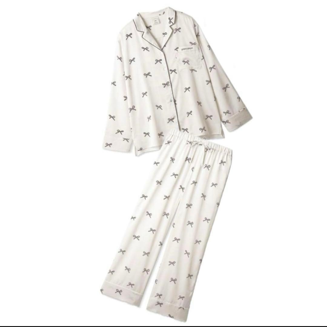 ジェラートピケ リボン柄サテンシャツ　ロングパンツ　セットアップ