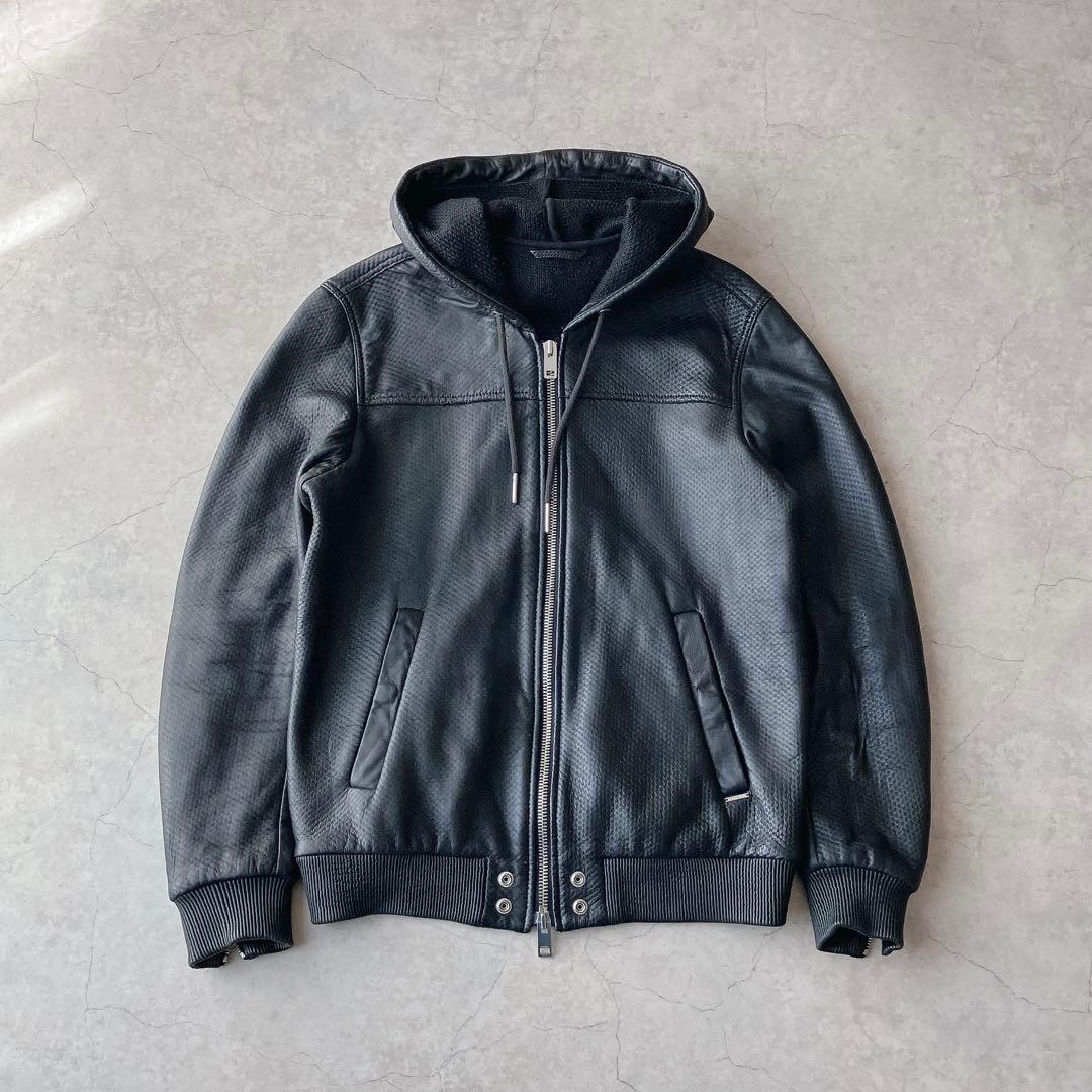 DIESEL シープスキン 羊革 ブラックレザージャケット パーカー フード付き