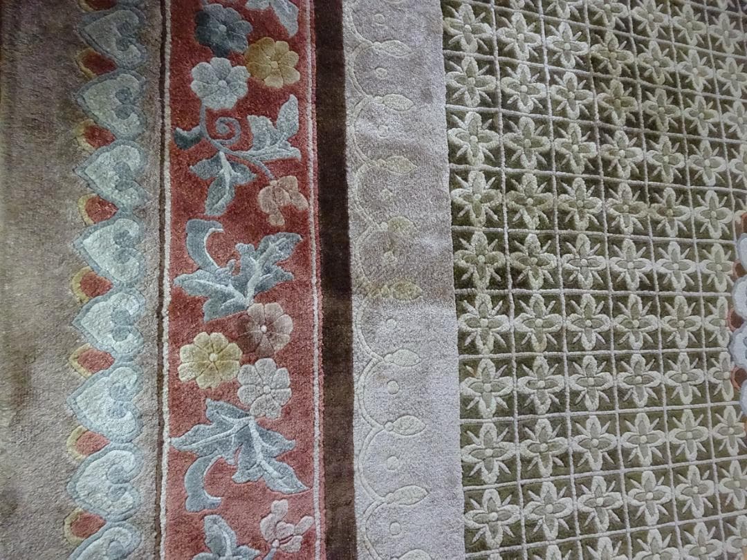 オリーブ　中国段通　シルク　120段　大判　306×246　高級絨毯　ラグ