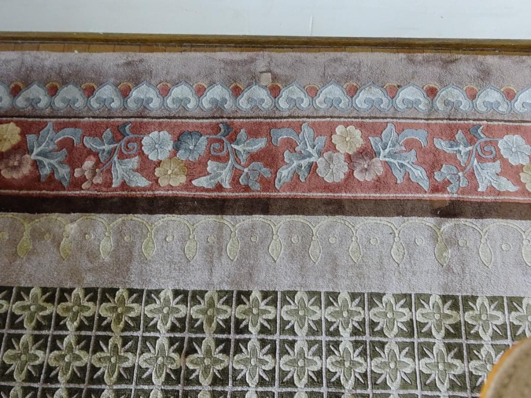 オリーブ　中国段通　シルク　120段　大判　306×246　高級絨毯　ラグ