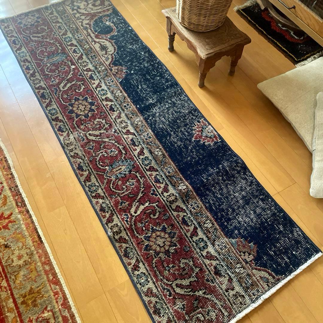 50×150 ロングランナーラグ　ネイビー×レッド　トルコヴィンテージラグ