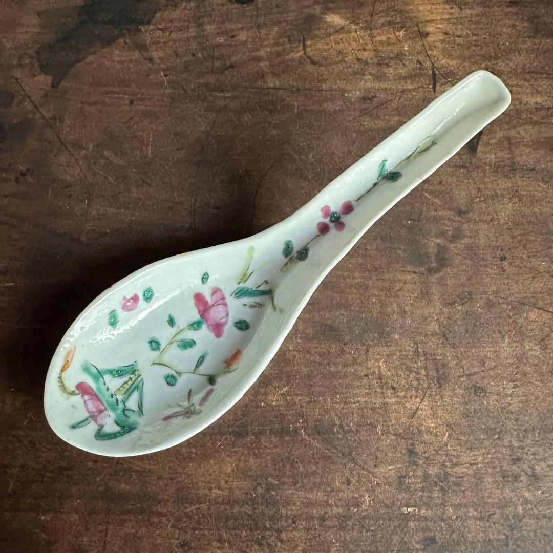 清時代 レンゲ スプー ン 粉彩 花柄 酒器 茶道具 陶磁器 中国美術