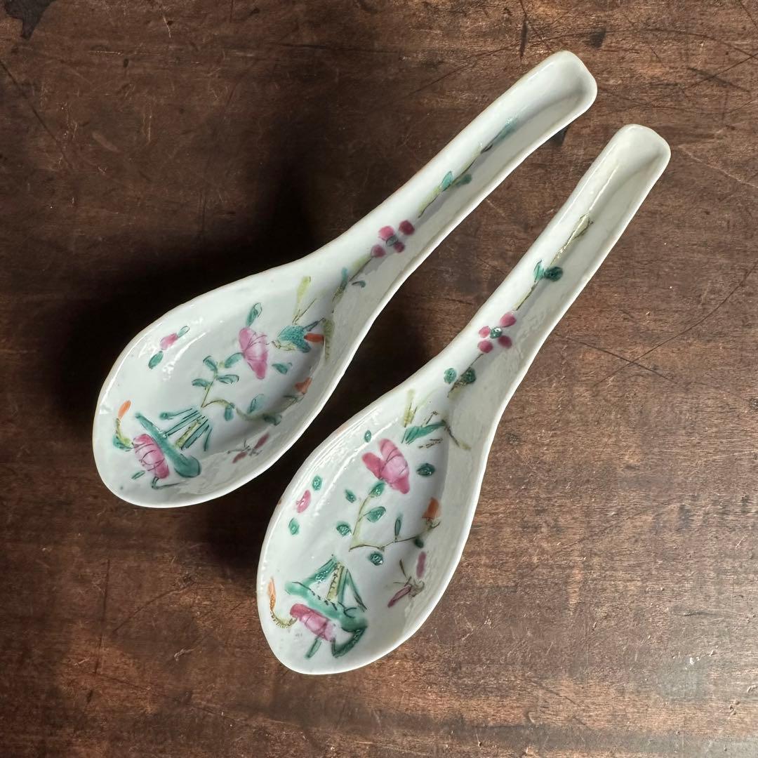 清時代 レンゲ スプー ン 粉彩 花柄 酒器 茶道具 陶磁器 中国美術