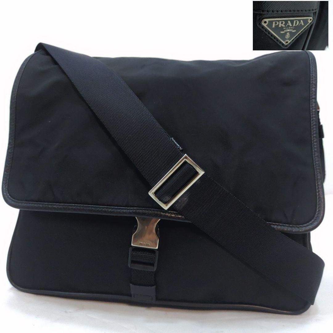 【美品】プラダ メッセンジャーバッグ レザー×ナイロン A4可 三角ロゴ 黒