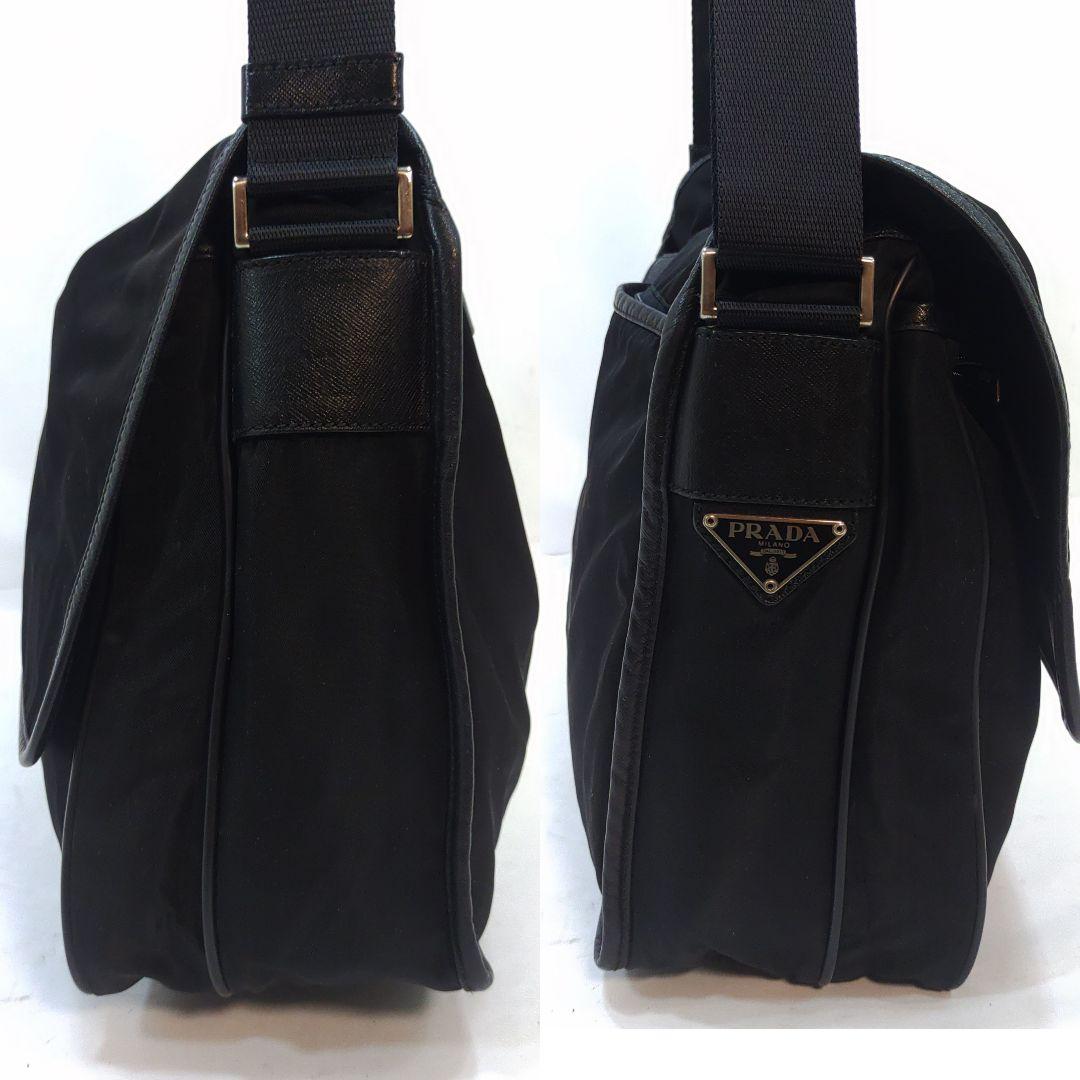 【美品】プラダ メッセンジャーバッグ レザー×ナイロン A4可 三角ロゴ 黒
