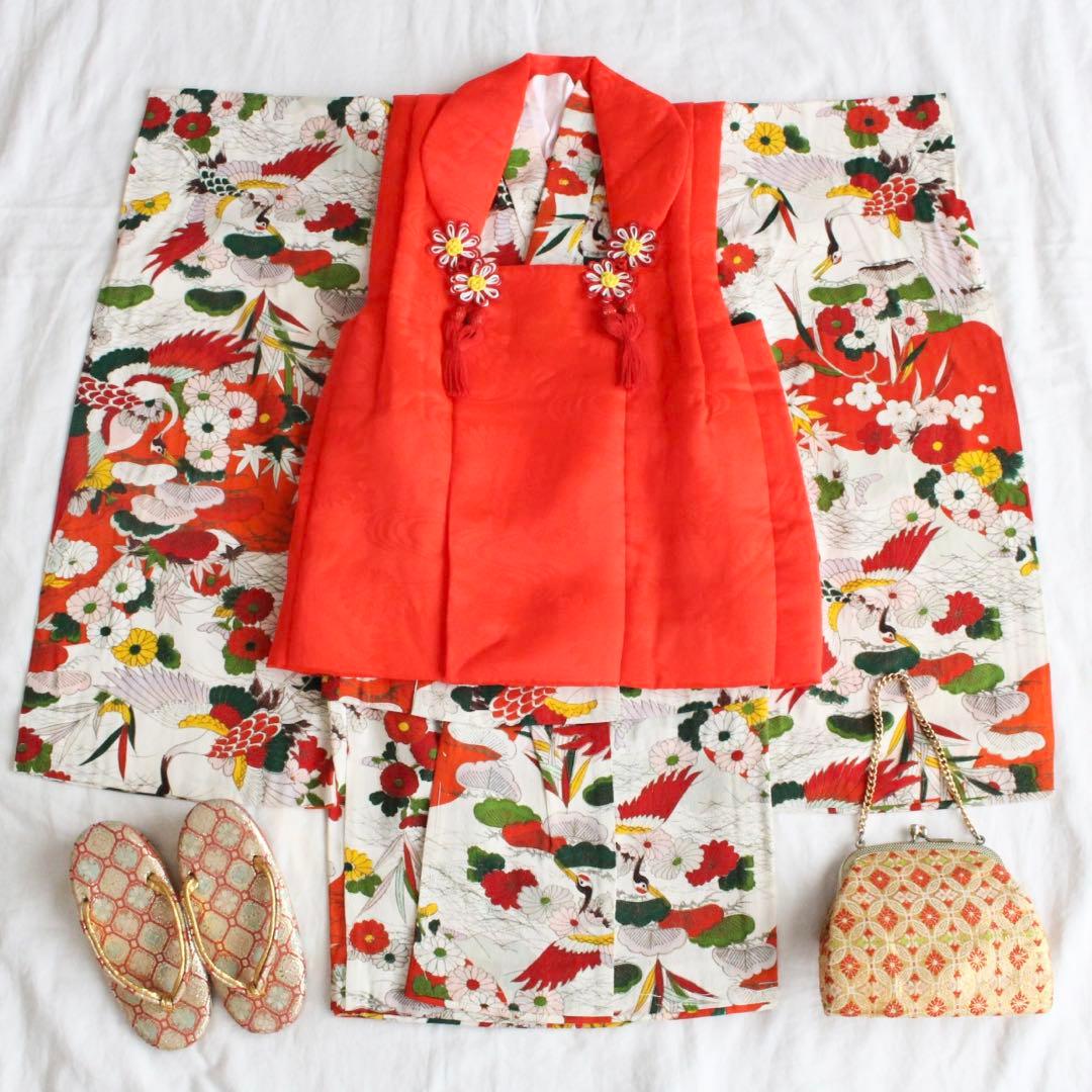 七五三 2歳 3歳 女の子 子供 アンティーク 鶴 着物 被布 セット