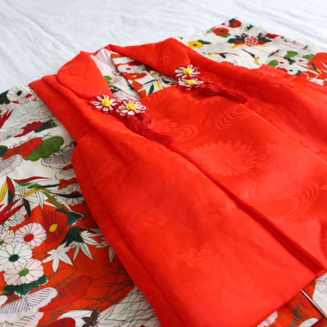 七五三 2歳 3歳 女の子 子供 アンティーク 鶴 着物 被布 セット