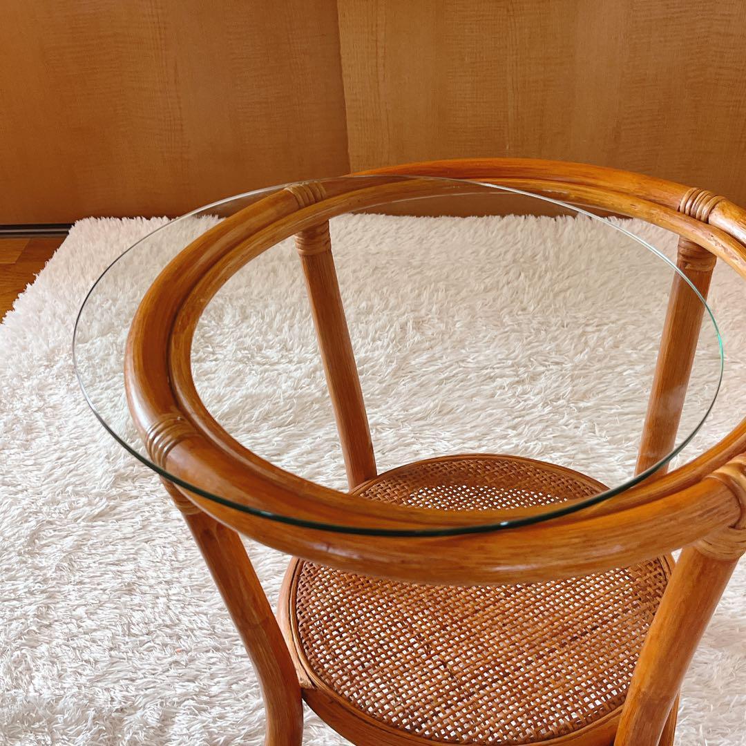 so様リクエスト品】籐 ラタン 丸テーブル　ガラス天板 昭和 レトロ 80年代