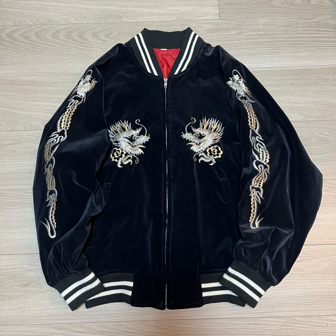 90s スカジャン　別珍　スーベニアジャケット　龍　富士　刺繍