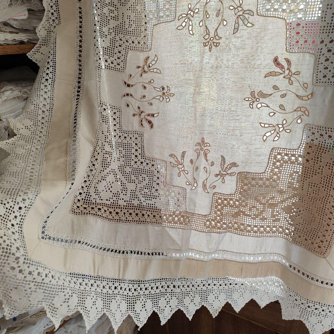 お手仕事　リネン　カットワーク　クロッシェ編みレース　　生成り　フリークロス
