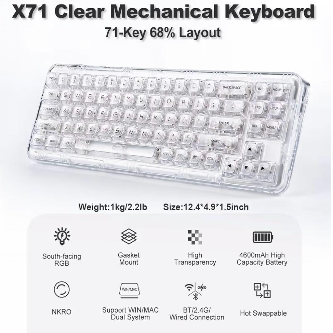 YUNZII X71 メカニカルゲーミングキーボード クリスタルアイス軸ホワイト