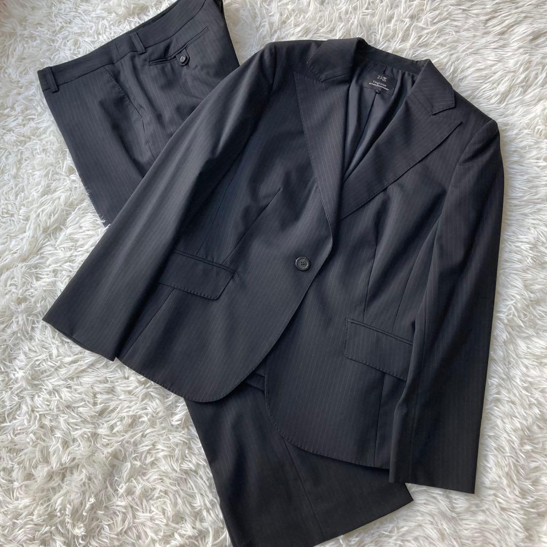 【特大】 23区 イタリア製生地 ストライプパンツスーツ セットアップ 黒 48