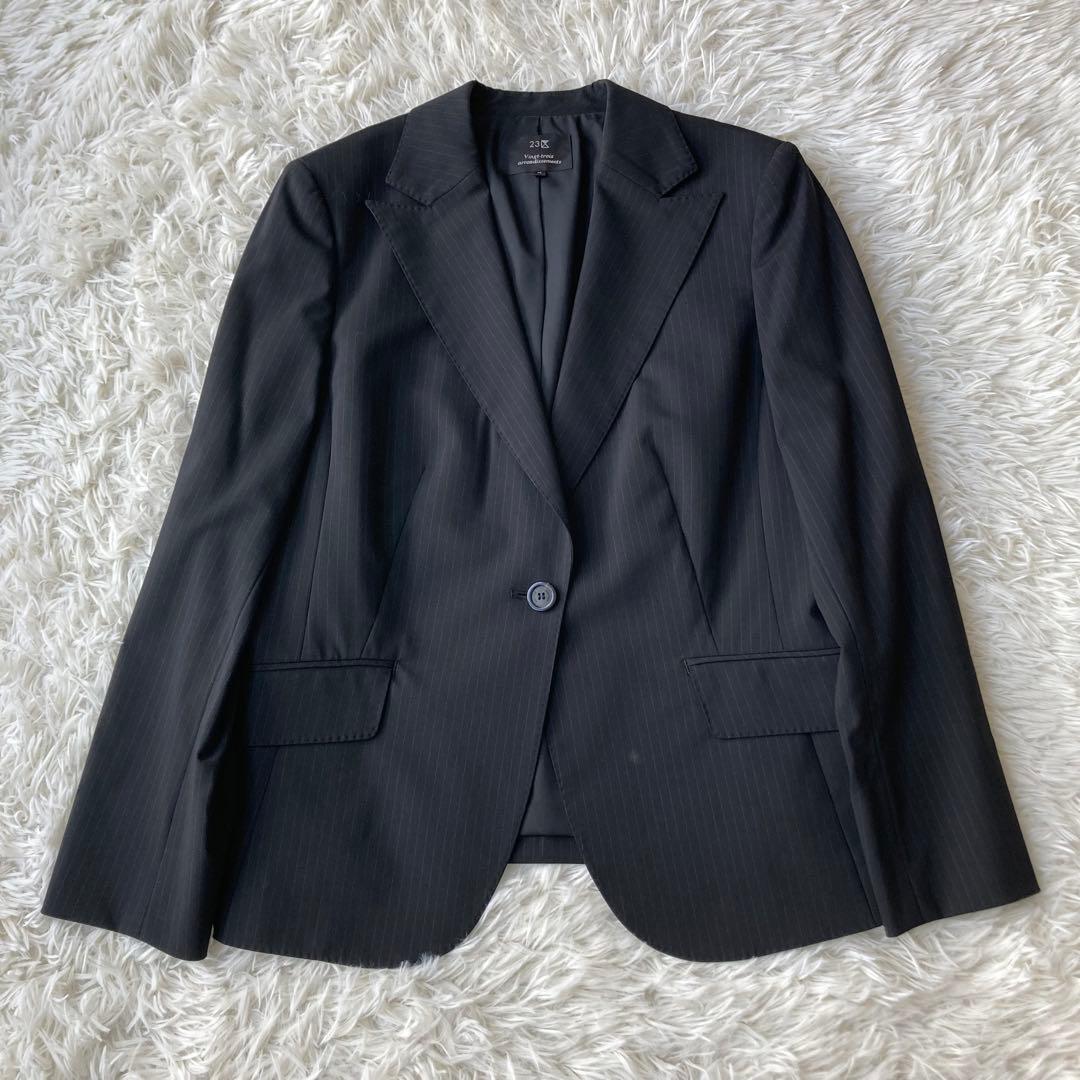 【特大】 23区 イタリア製生地 ストライプパンツスーツ セットアップ 黒 48