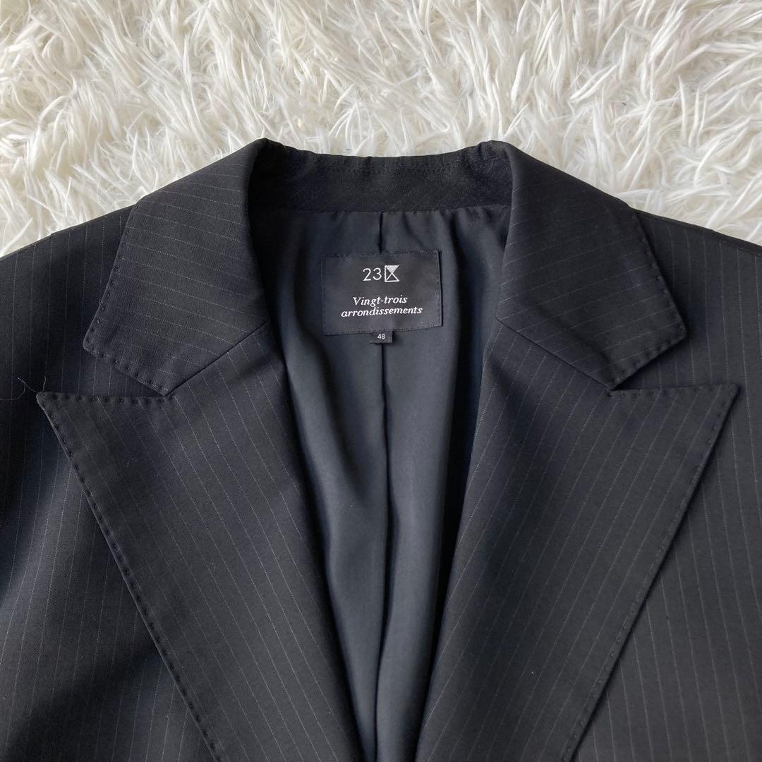 【特大】 23区 イタリア製生地 ストライプパンツスーツ セットアップ 黒 48