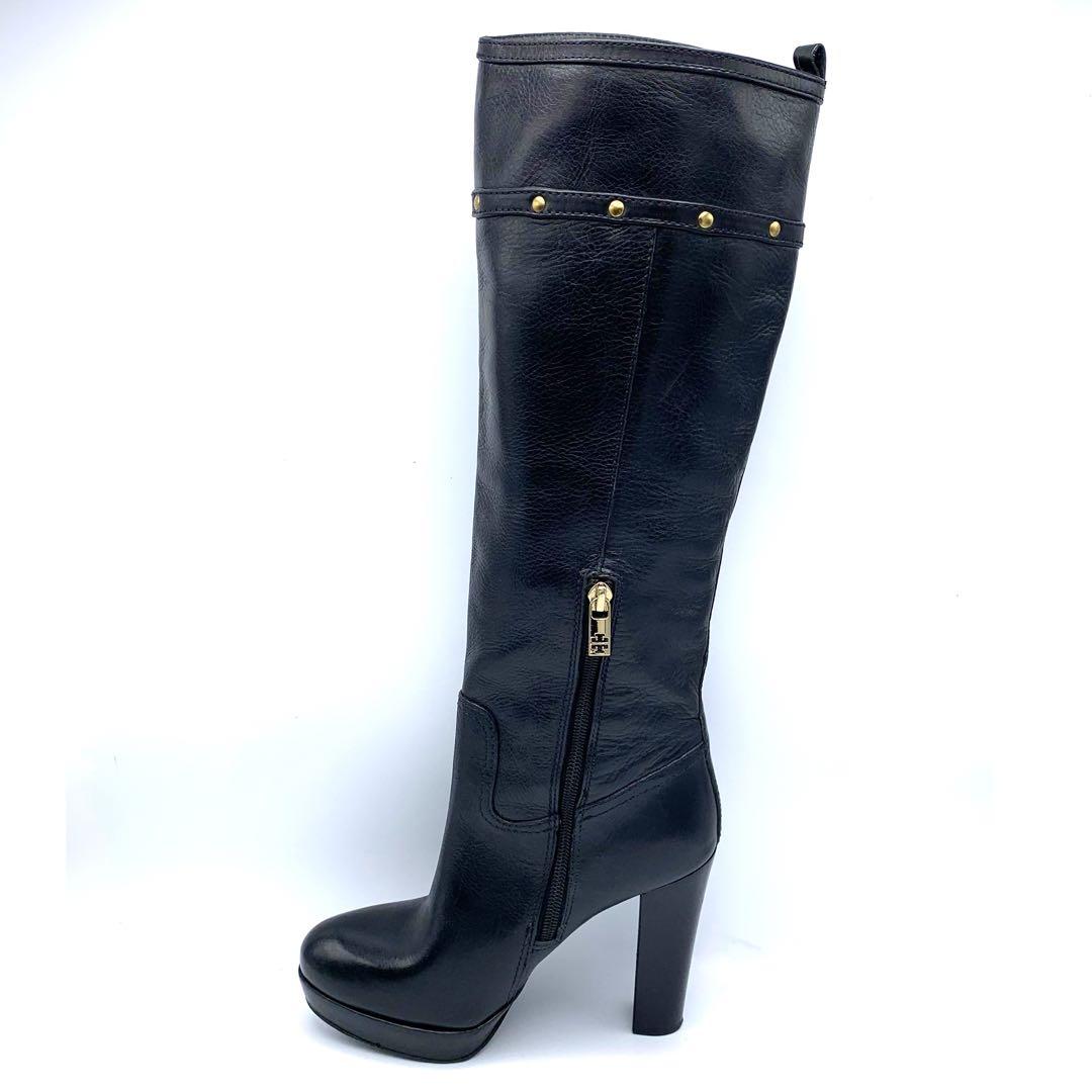 トリーバーチ　ロングブーツ　ブラック　レザー　ロゴ