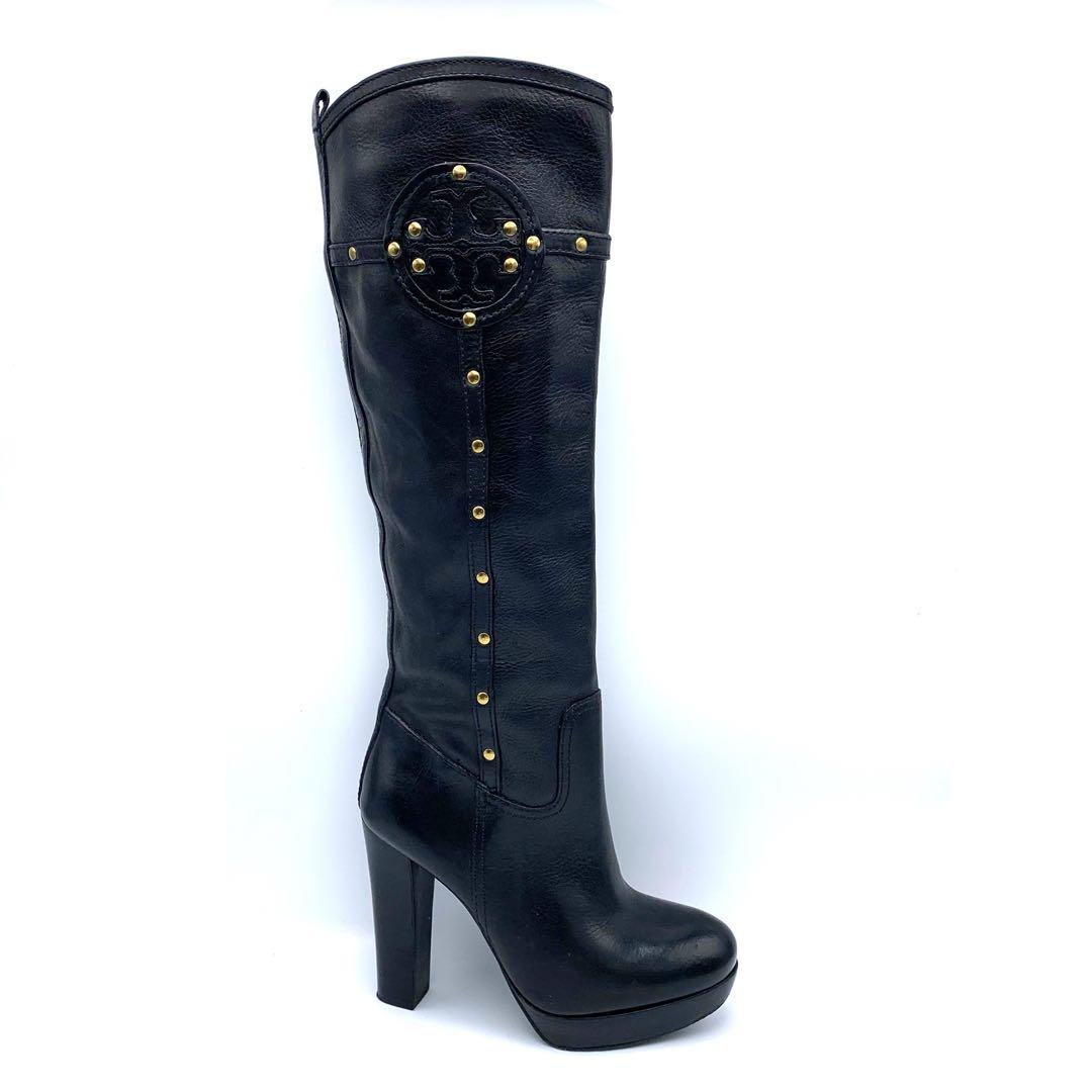 トリーバーチ　ロングブーツ　ブラック　レザー　ロゴ