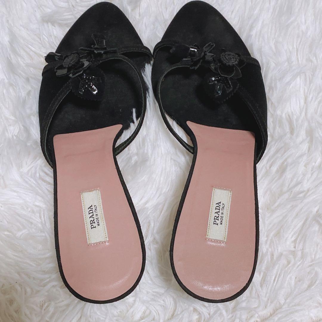 プラダ PRADAレザー フラワー サンダル ミュール 黒 36